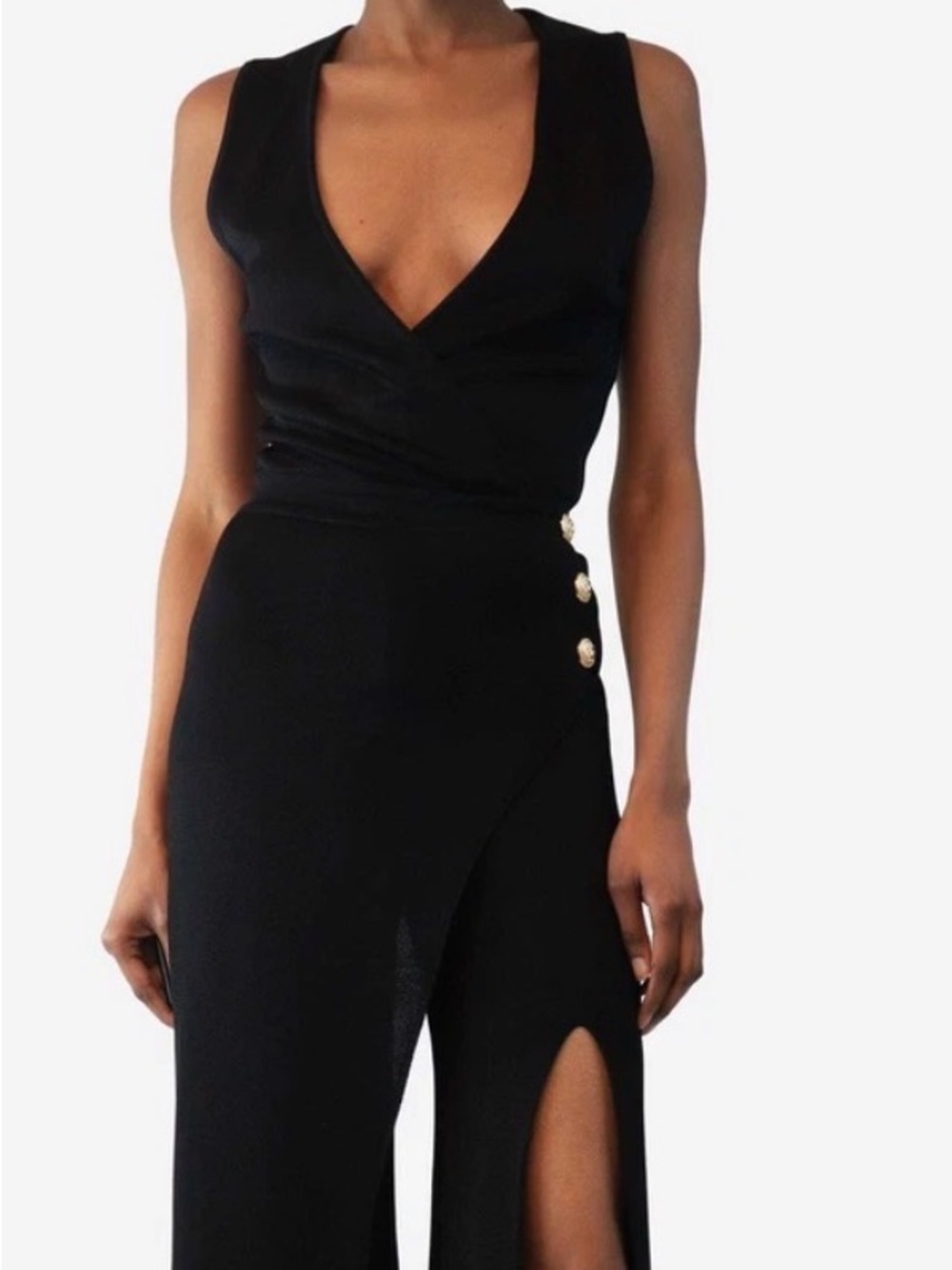 Balmain Black knit jumpsuit with gold button detail